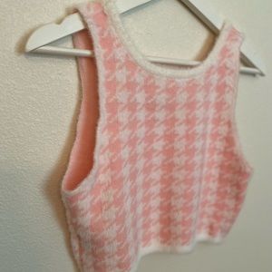 Fine Knit Cropped Sweater Tank – Blush Pink Houndstooth | Soft Cozy Chic
